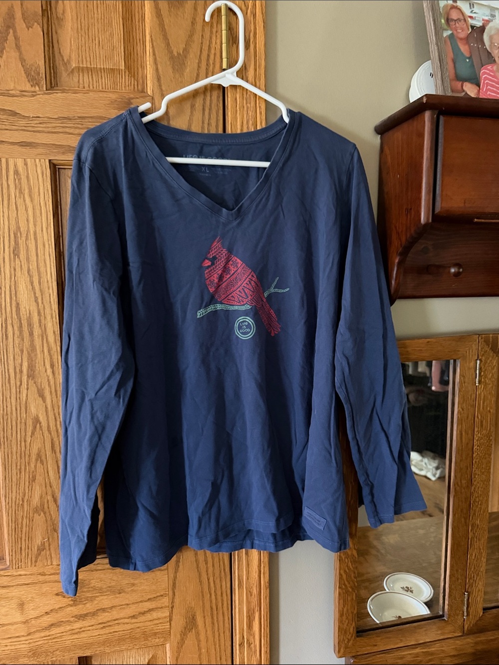 Life Is Good Navy Long-Sleeve V-Neck Tee with Red Cardinal Graphic